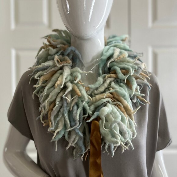 Scarf - handknit - wool - light colours with amber/bronze satin ribbon tie - Picture 1 of 6